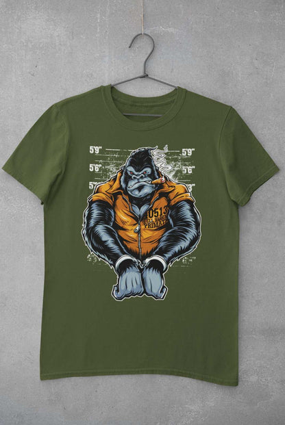 Cell Block Primate Funny T-Shirt Ape Gorilla Mugshot Handcuffs Smoking Cigar T-Shirt