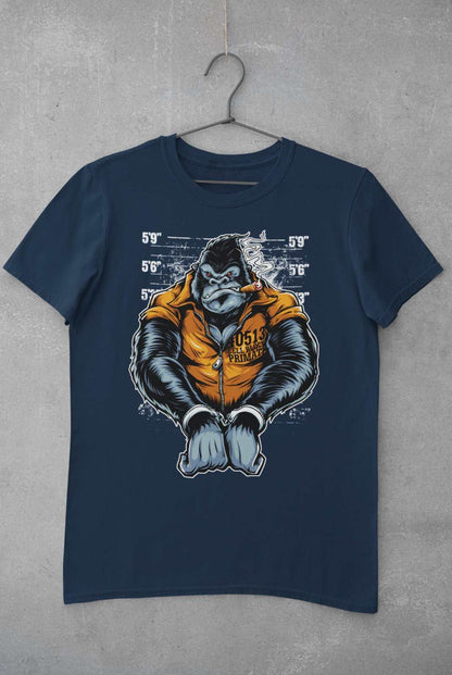 Cell Block Primate Funny T-Shirt Ape Gorilla Mugshot Handcuffs Smoking Cigar T-Shirt