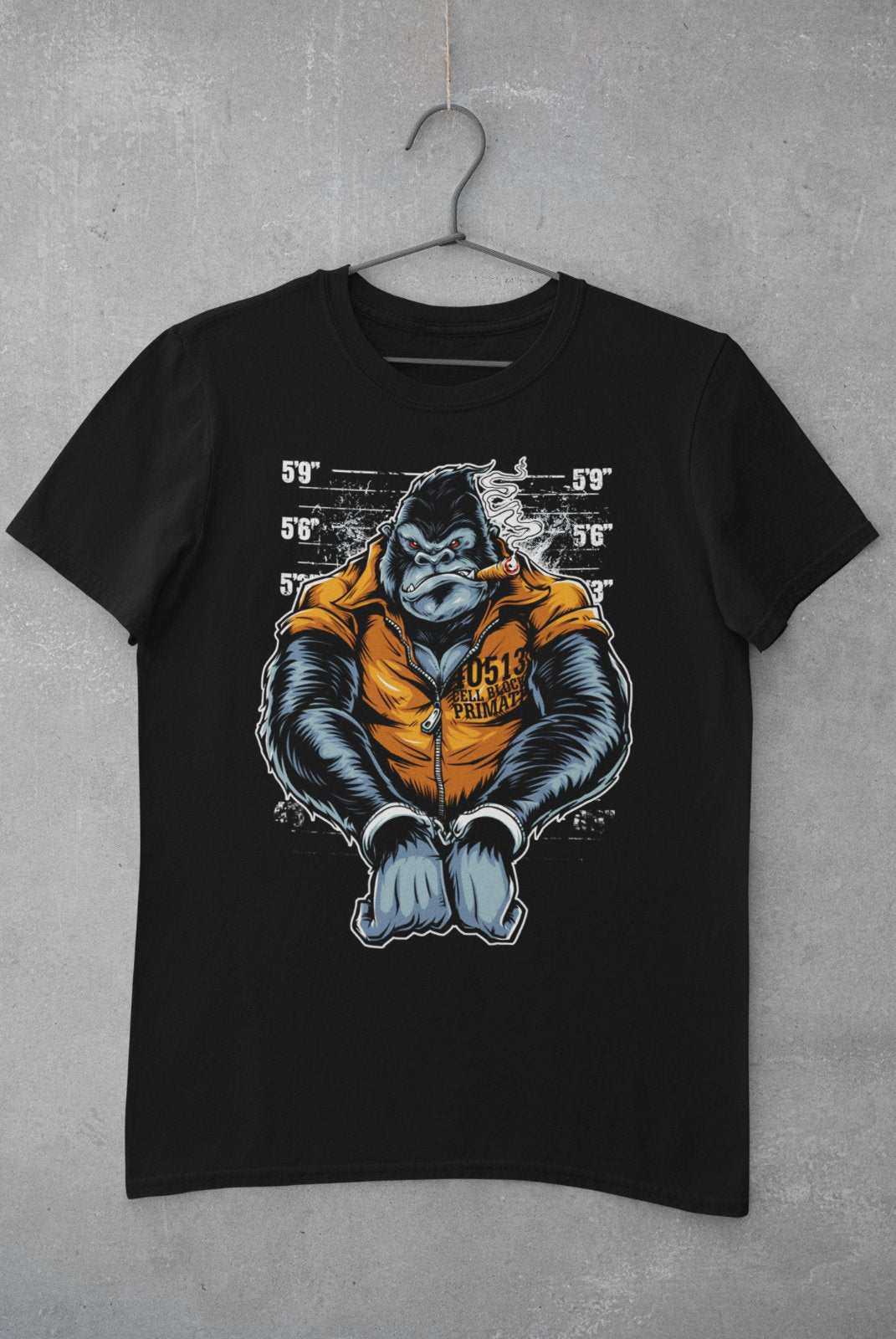 Cell Block Primate Funny T-Shirt Ape Gorilla Mugshot Handcuffs Smoking Cigar T-Shirt