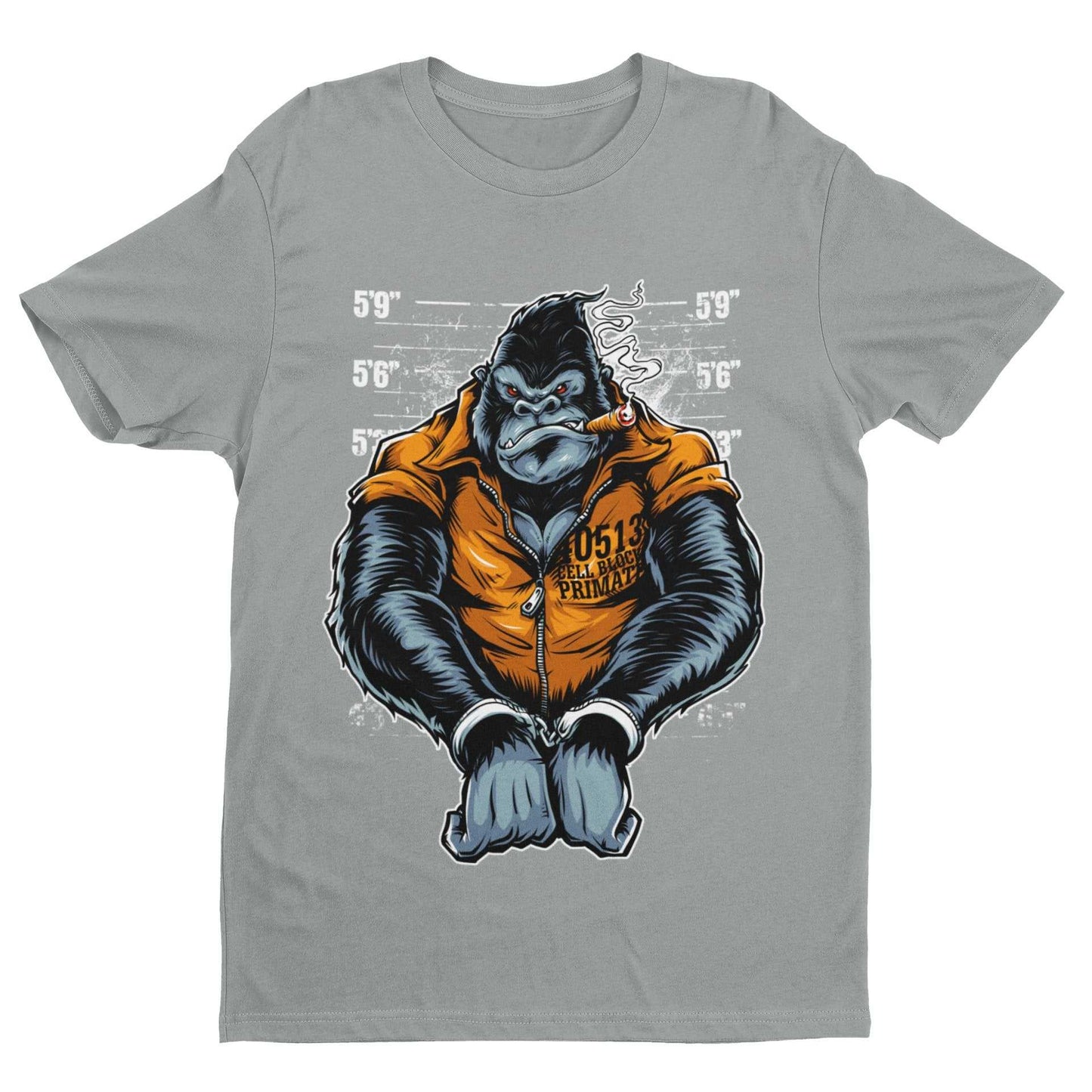 Cell Block Primate Funny T-Shirt Ape Gorilla Mugshot Handcuffs Smoking Cigar T-Shirt