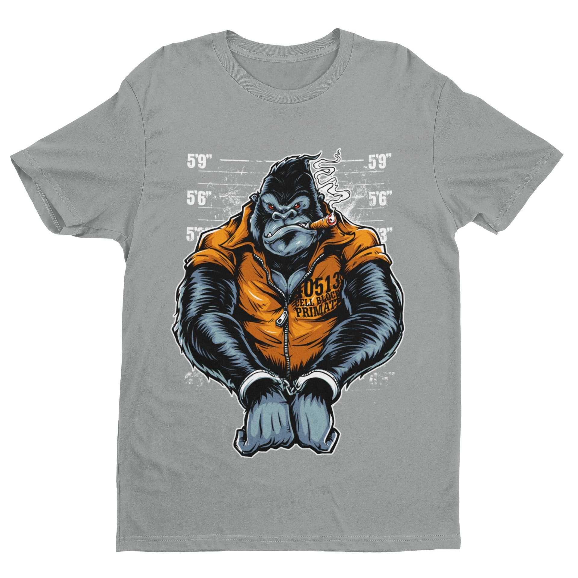 Cell Block Primate Funny T-Shirt Ape Gorilla Mugshot Handcuffs Smoking Cigar T-Shirt