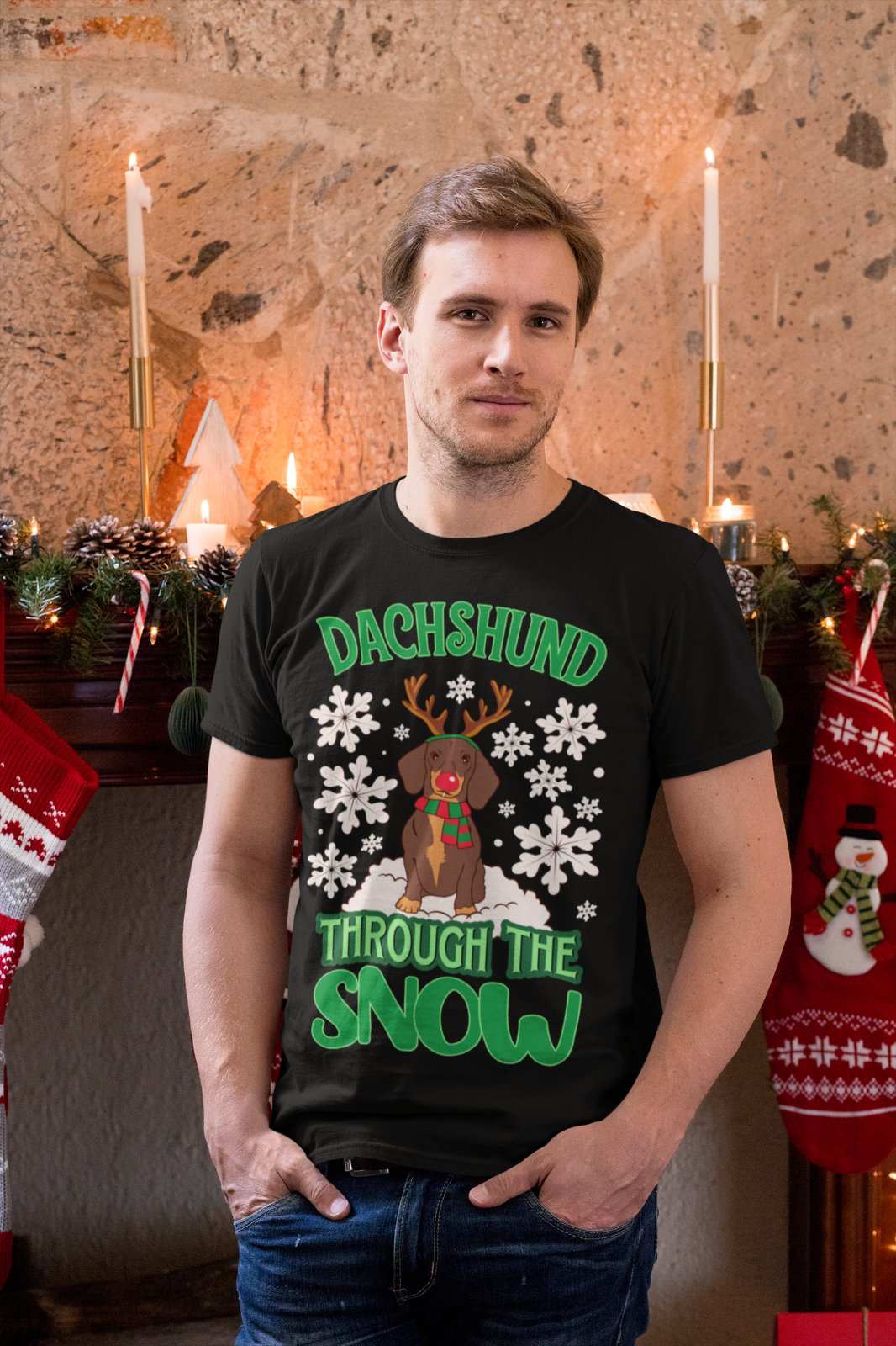 Funny Christmas Dachshund Through T-Shirt The Snow Dashing Parody Dog Gift T-Shirt