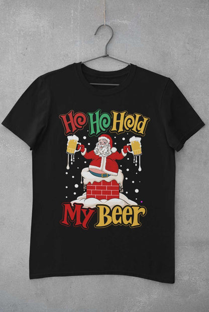 Funny Christmas Santa T-Shirt Ho Ho Hold My Beer Gift Xmas Drinking Joke T-Shirt