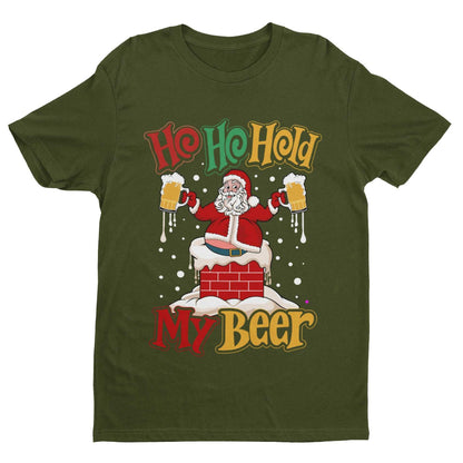 Funny Christmas Santa T-Shirt Ho Ho Hold My Beer Gift Xmas Drinking Joke T-Shirt