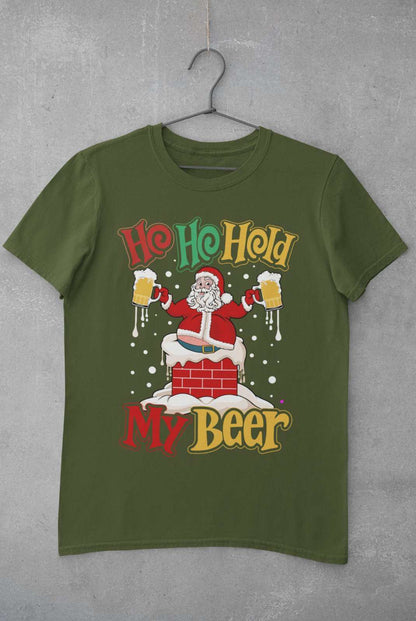 Funny Christmas Santa T-Shirt Ho Ho Hold My Beer Gift Xmas Drinking Joke T-Shirt