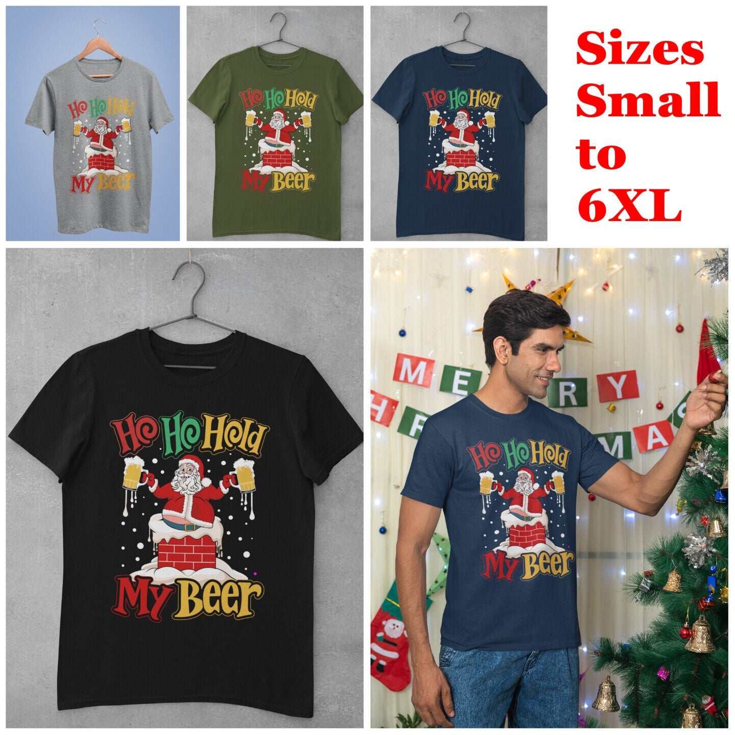 Funny Christmas Santa T-Shirt Ho Ho Hold My Beer Gift Xmas Drinking Joke T-Shirt