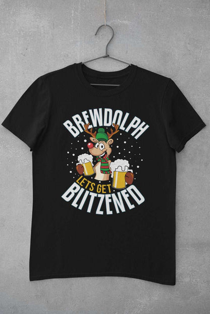 Funny Christmas T-Shirt Brewdolph Lets Get Blitzened Rudolph Reindeer Drinking T-Shirt Gift