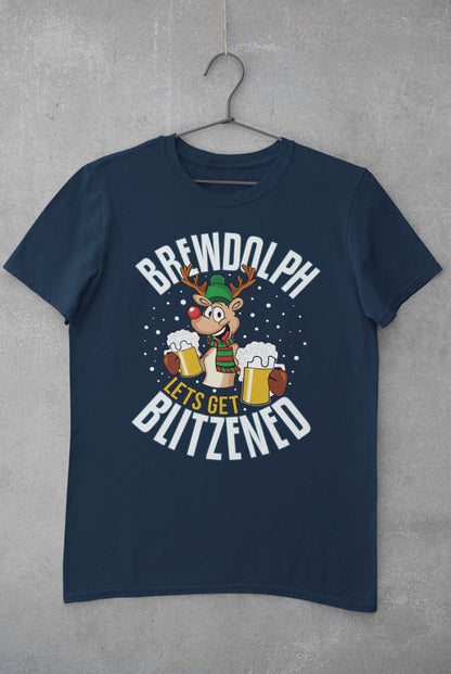 Funny Christmas T-Shirt Brewdolph Lets Get Blitzened Rudolph Reindeer Drinking T-Shirt Gift
