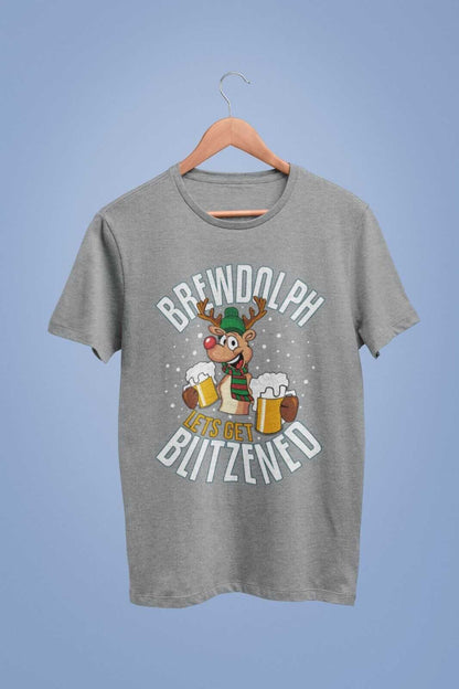 Funny Christmas T-Shirt Brewdolph Lets Get Blitzened Rudolph Reindeer Drinking T-Shirt Gift