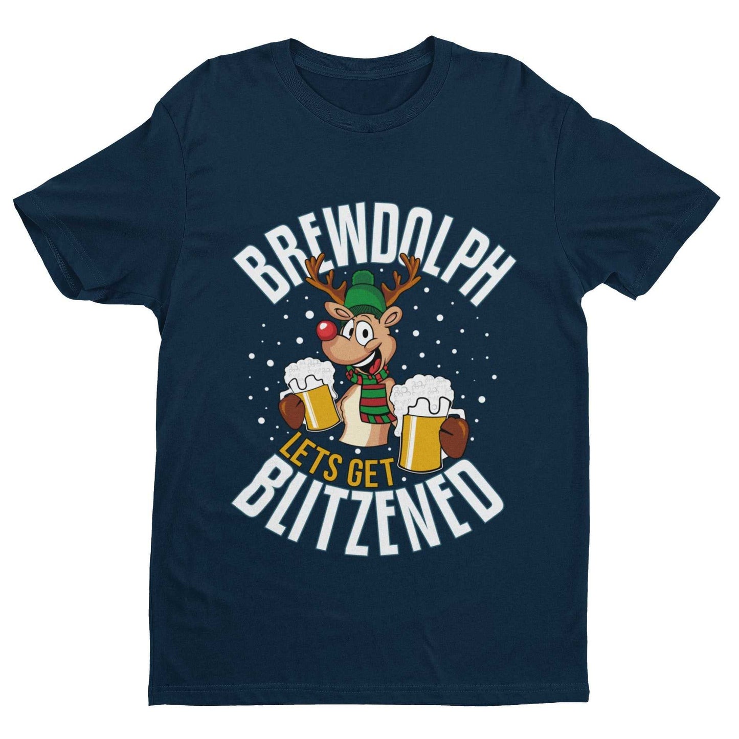 Funny Christmas T-Shirt Brewdolph Lets Get Blitzened Rudolph Reindeer Drinking T-Shirt Gift
