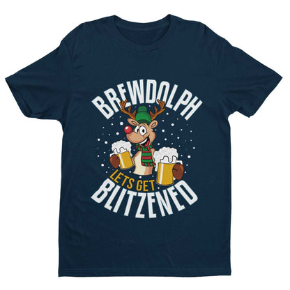 Funny Christmas T-Shirt Brewdolph Lets Get Blitzened Rudolph Reindeer Drinking T-Shirt Gift