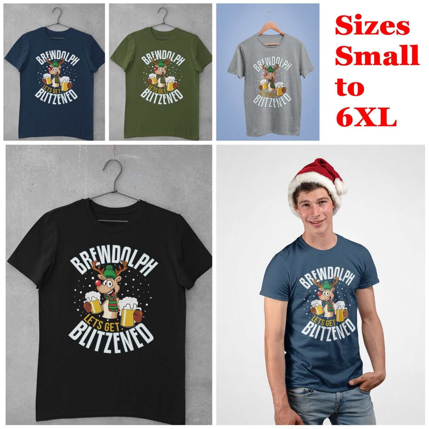 Funny Christmas T-Shirt Brewdolph Lets Get Blitzened Rudolph Reindeer Drinking T-Shirt Gift
