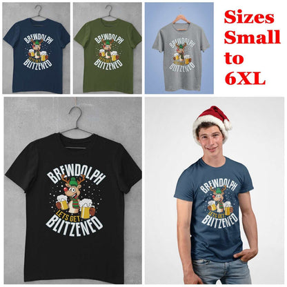Funny Christmas T-Shirt Brewdolph Lets Get Blitzened Rudolph Reindeer Drinking T-Shirt Gift