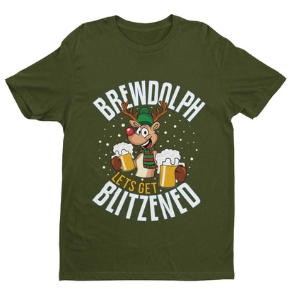 Funny Christmas T-Shirt Brewdolph Lets Get Blitzened Rudolph Reindeer Drinking T-Shirt Gift