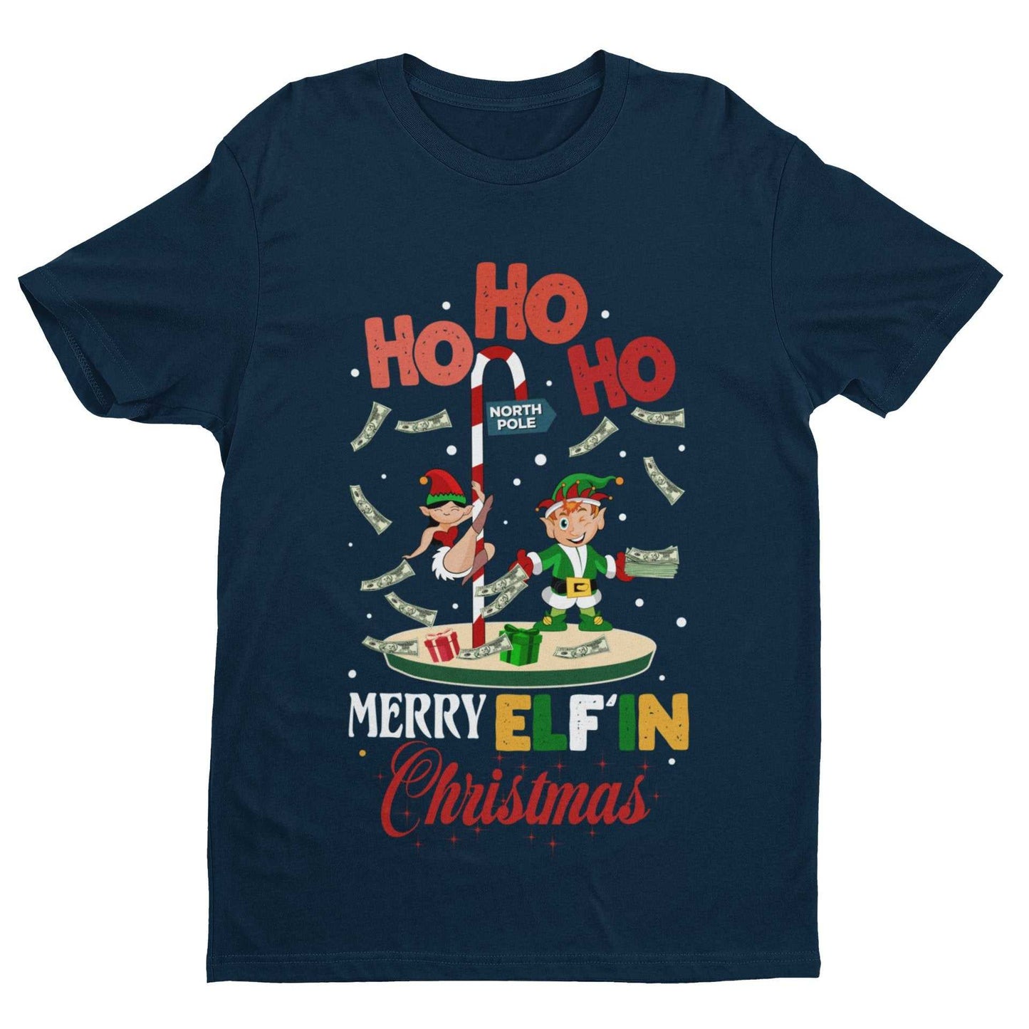 Funny Christmas T-Shirt Merry Elfin Xmas Rude Stripper Pole Naughty Gift Joke T-Shirt