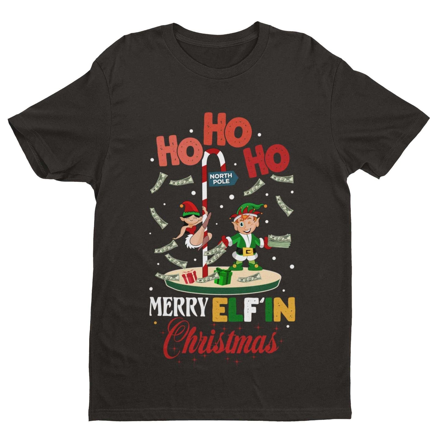 Funny Christmas T-Shirt Merry Elfin Xmas Rude Stripper Pole Naughty Gift Joke T-Shirt
