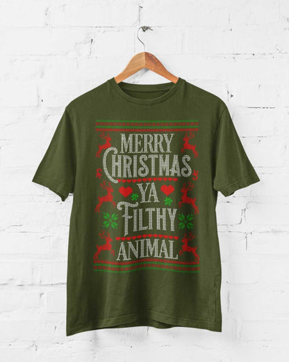 Funny Christmas T-Shirt Merry Ya Filthy Animal Xmas Jumper Style Alone Home Gift Sweatshirt