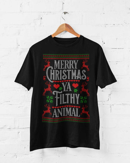 Funny Christmas T-Shirt Merry Ya Filthy Animal Xmas Jumper Style Alone Home Gift Sweatshirt