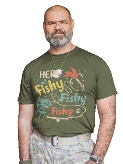 Funny Fishing T-Shirt HERE FISHY FISHY FISHY Fisherman Gift Dad Husband T-Shirt