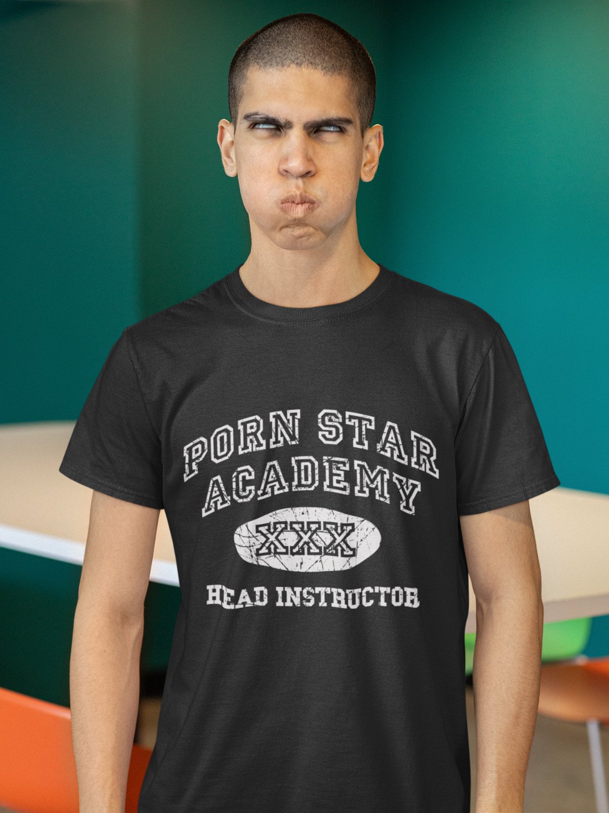 Funny Rude Joke T-Shirt PORN STAR ACADEMY HEAD INSTRUCTOR Novelty Vintage Look T-Shirt