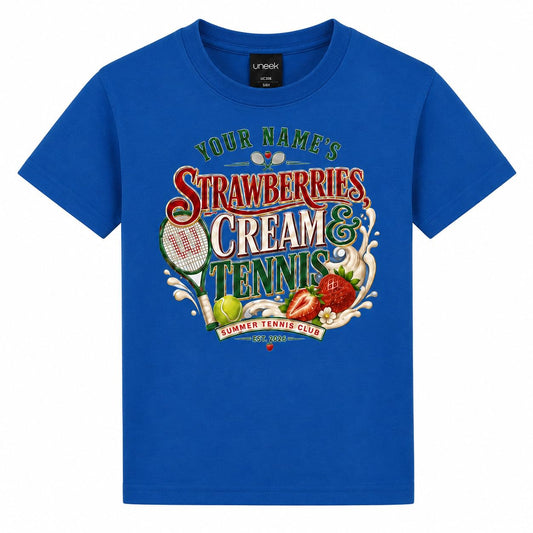Galaxy Tees Kids' Personalised Strawberries Cream & Tennis T-Shirt