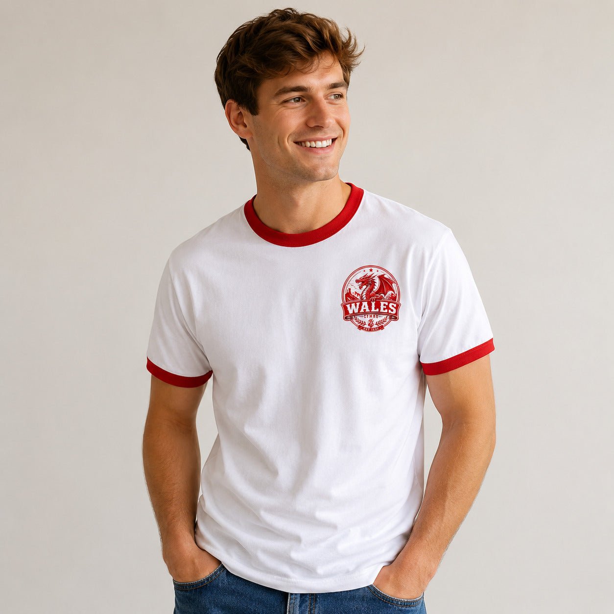 Galaxy Tees Wales-Inspired Ringer T-Shirt, Welsh Dragon Badge Tee