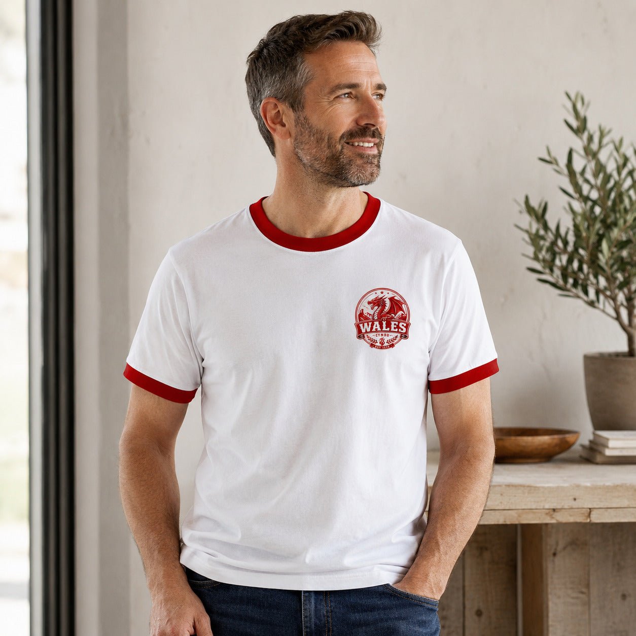 Galaxy Tees Wales-Inspired Ringer T-Shirt, Welsh Dragon Badge Tee