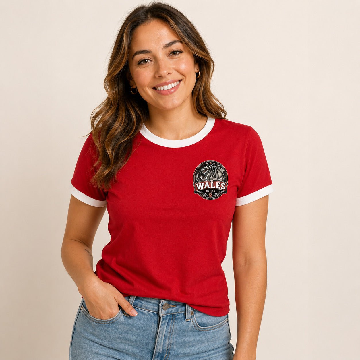 Galaxy Tees Wales-Inspired Ringer T-Shirt, Welsh Dragon Badge Tee