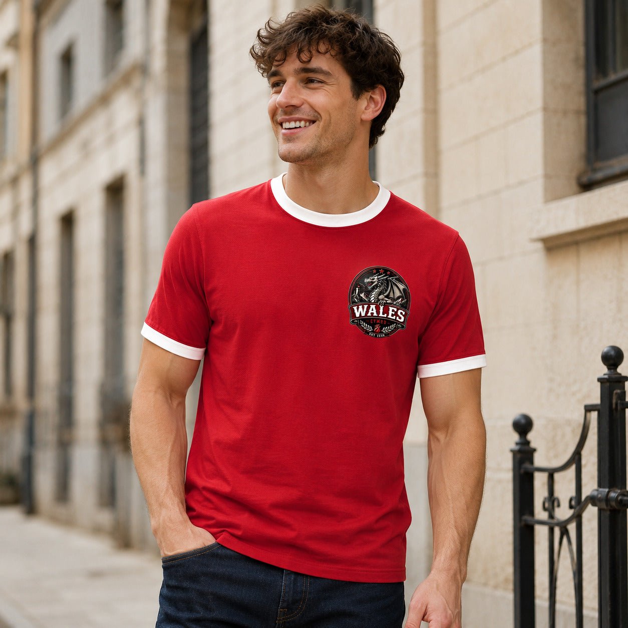 Galaxy Tees Wales-Inspired Ringer T-Shirt, Welsh Dragon Badge Tee