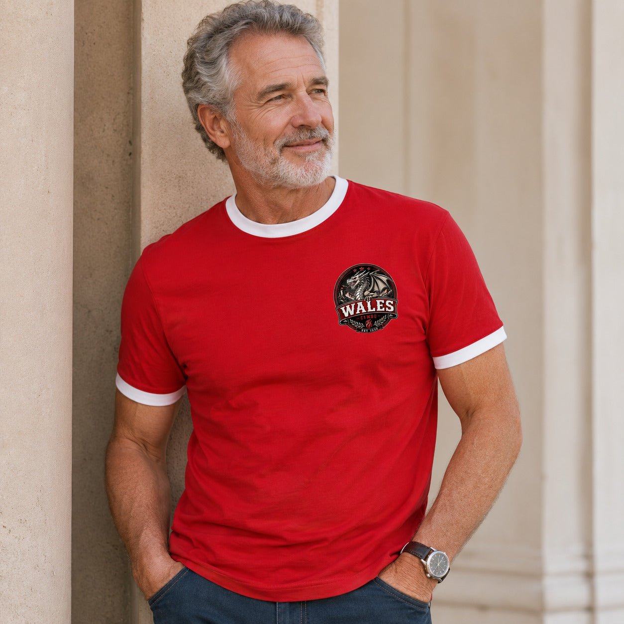 Galaxy Tees Wales-Inspired Ringer T-Shirt, Welsh Dragon Badge Tee