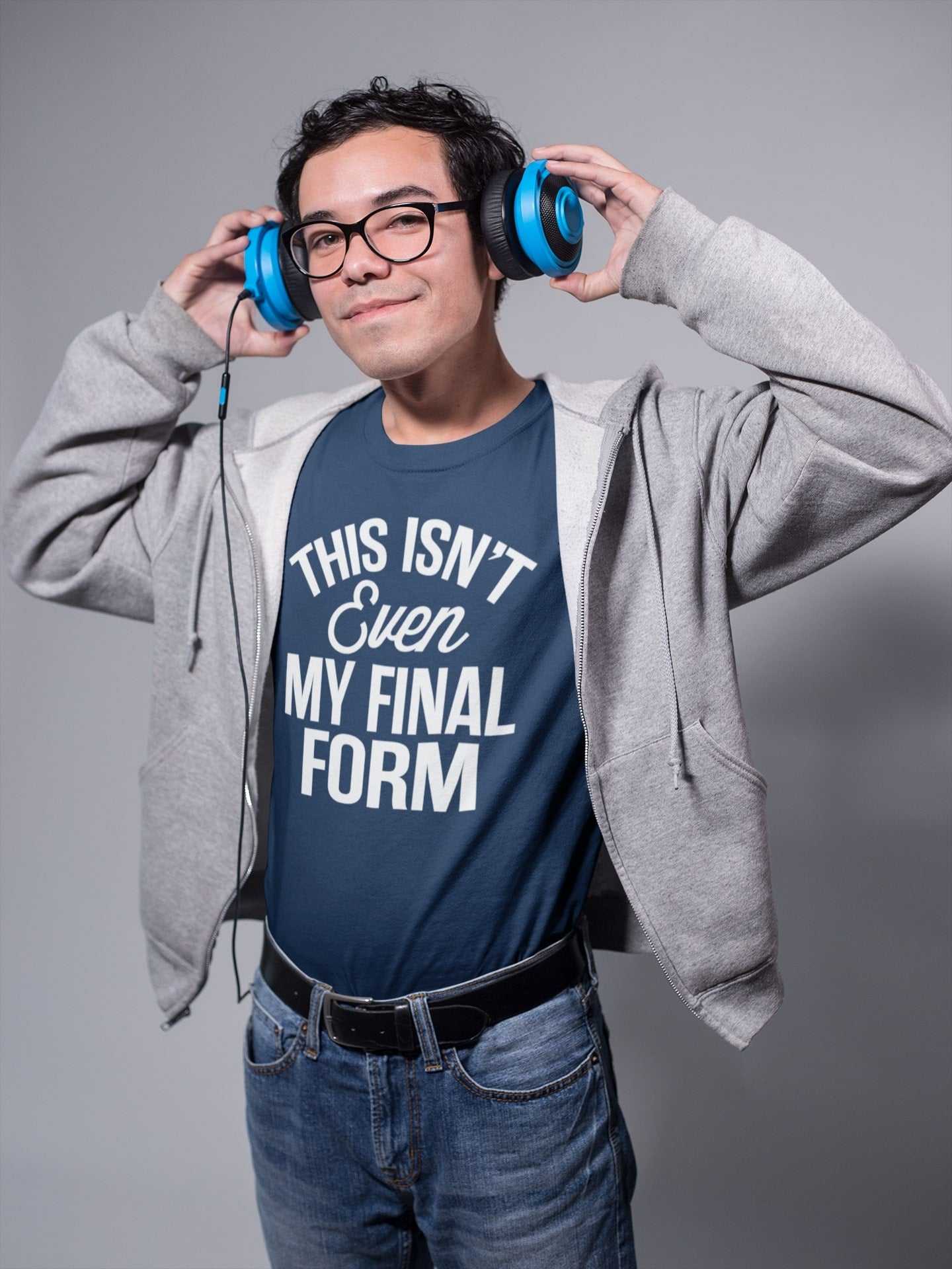 Funny "This Isn't Even My Final Form" anime meme t-shirt worn by person with headphones, unisex design.