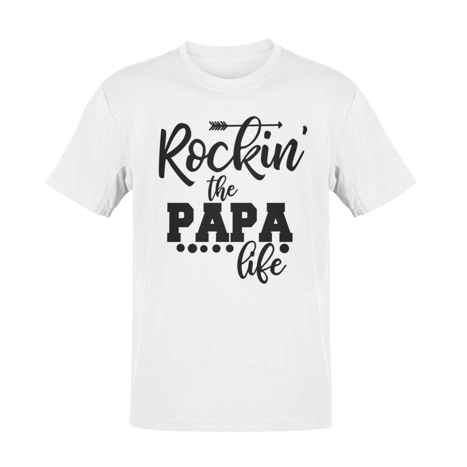 Rockin' the Papa Life T-Shirt in white with bold black lettering and arrow design, celebrating the papa lifestyle.
