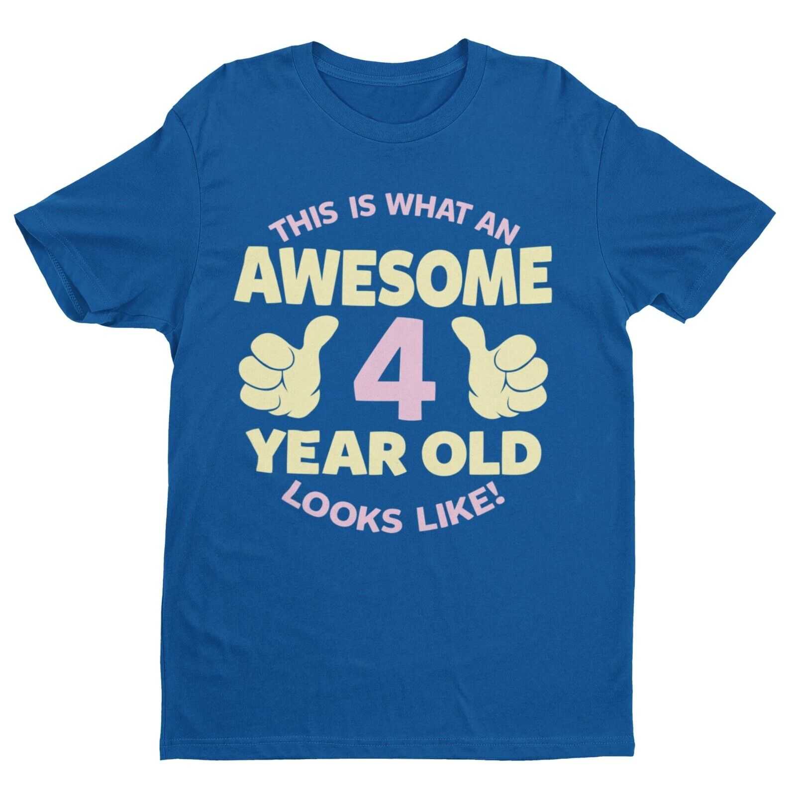 Girls' 4th Birthday Awesome 4 Year Old T-Shirt in Royal Blue, front design view
