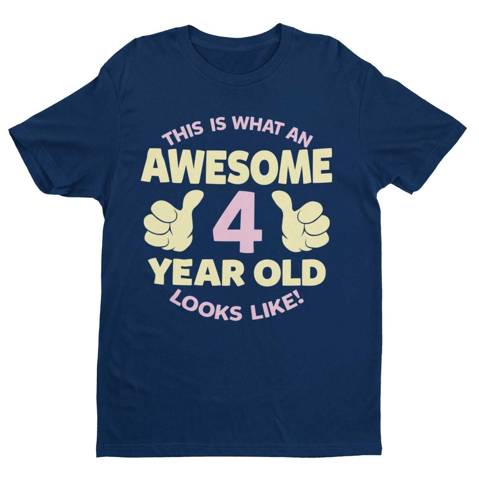 Girls' 4th Birthday Awesome 4 Year Old T-Shirt in Navy Blue, front design view