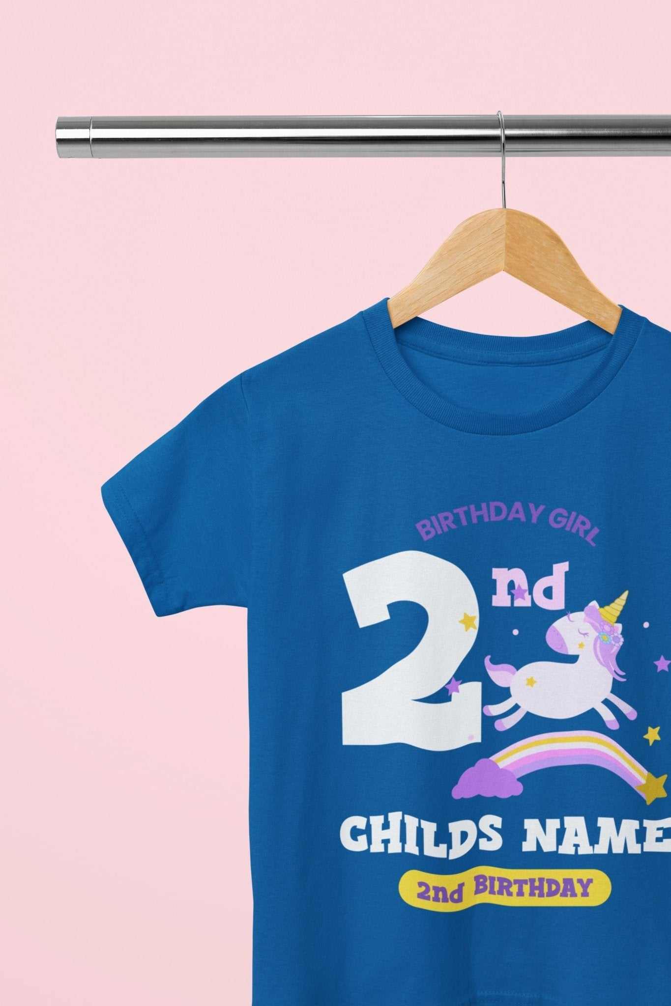 Girls Personalised 2nd Birthday Cute UnicornGirls Personalised 2nd Birthday Cute Unicorn T Shirt with Name Printed