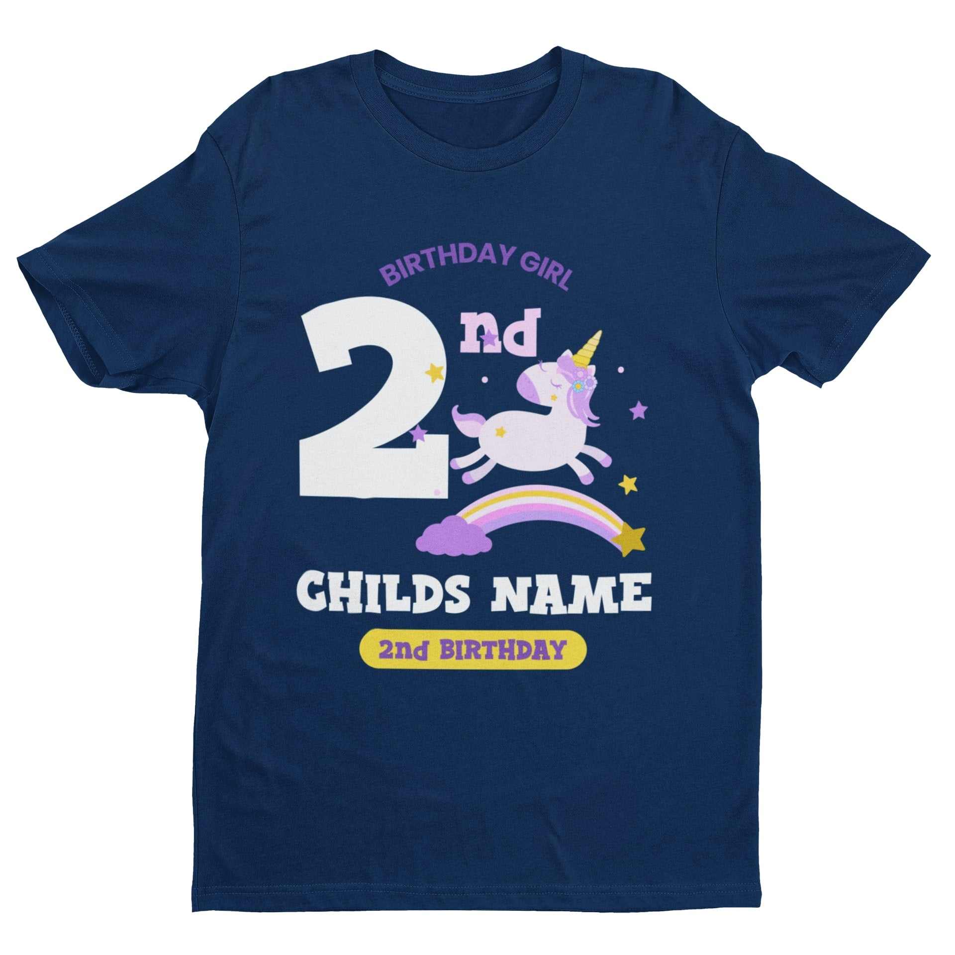 Girls Personalised 2nd Birthday Cute UnicornGirls Personalised 2nd Birthday Cute Unicorn T Shirt with Name Printed