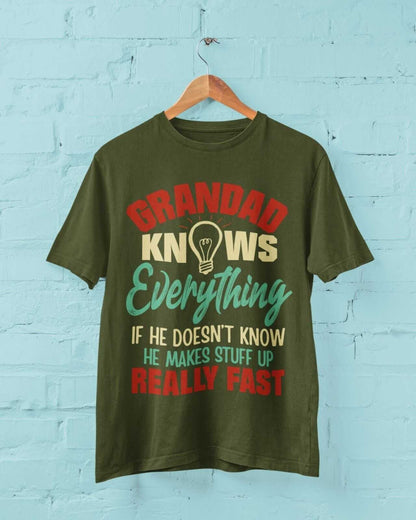 GRANDAD KNOWS EVERYTHING Funny T-Shirt What He Doesn't Know He Makes Up Fast Gift