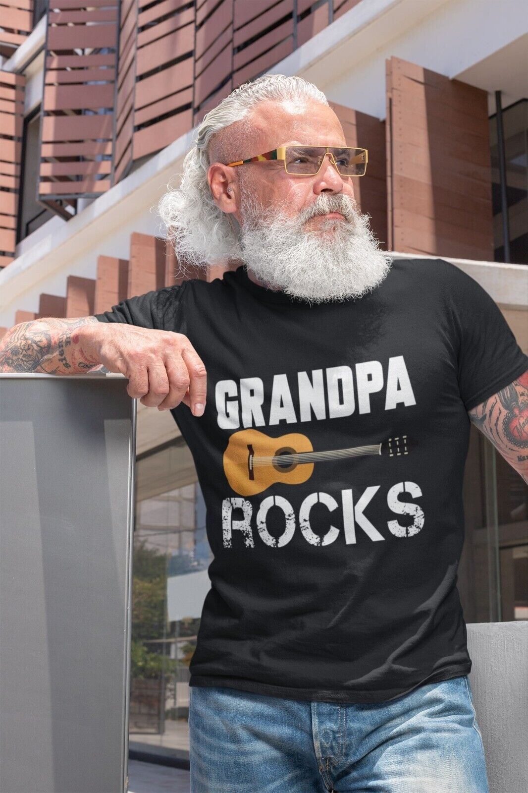 Grandpa Rocks Funny Guitar T-Shirt Accoustic Novelty Grandfather Gift Music T-Shirt