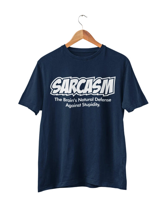 Sarcasm: The Brain's Natural Defense T-Shirt in Navy Blue, front design view