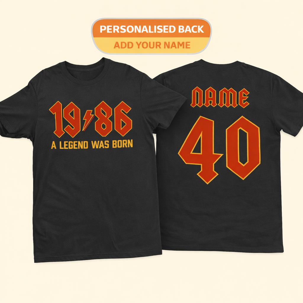 Personalised 40th Birthday T-Shirt: Retro Heavy Metal Rocker Gift 1986 A Legend Was Born