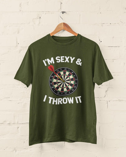 Funny Darts T-Shirt I’m Sexy & I Throw It Tee - Dart Player Gift - Pub Humor Top UK - Dartboard Graphic Shirt - product image 3