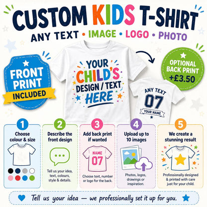 Personalised Kids T-Shirt, Any Text Image Logo Photo, Optional Back Print - product image 3