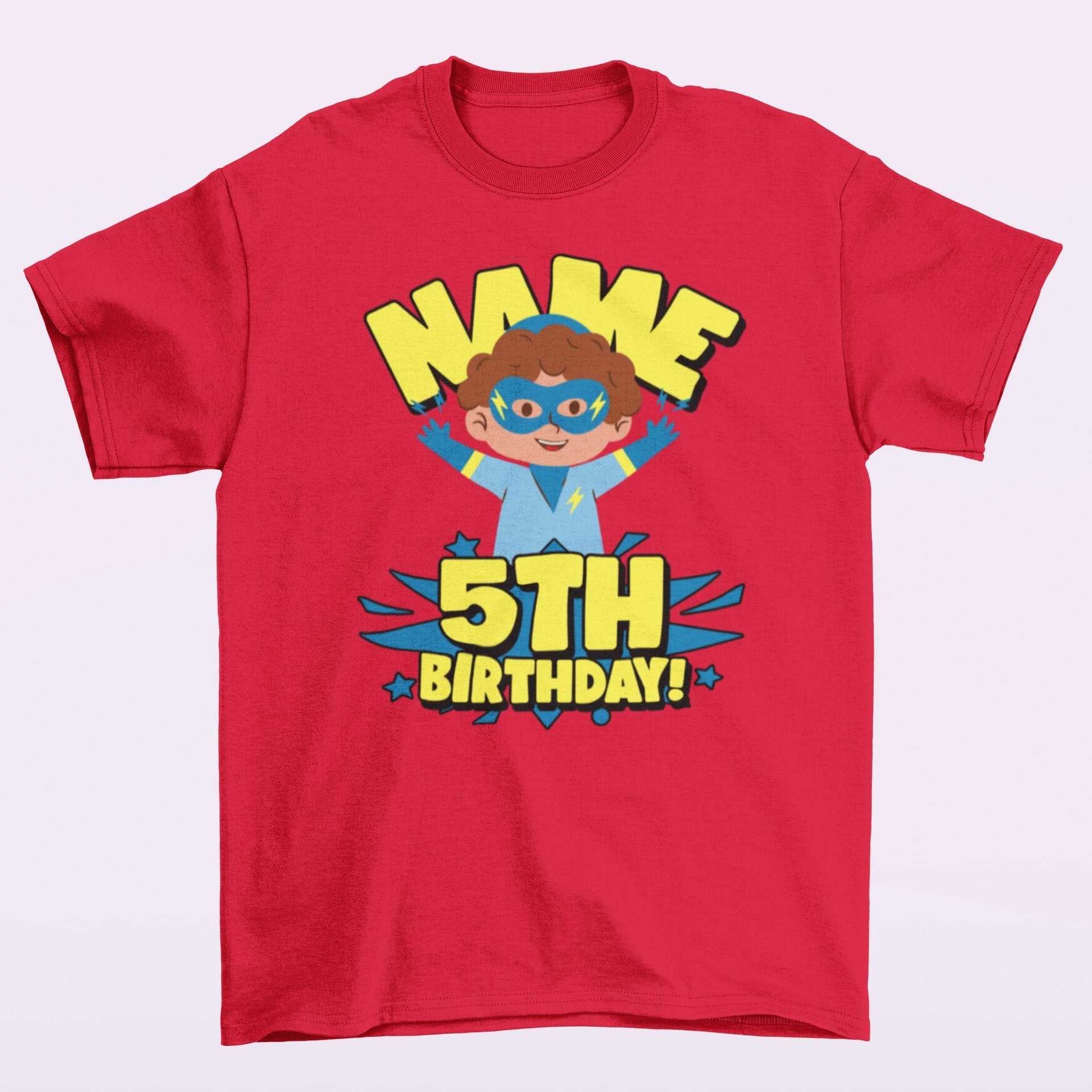 Kids Personalised Superhero 5th BirthdayKids Personalised Superhero 5th Birthday T-shirt with Childs Name On G