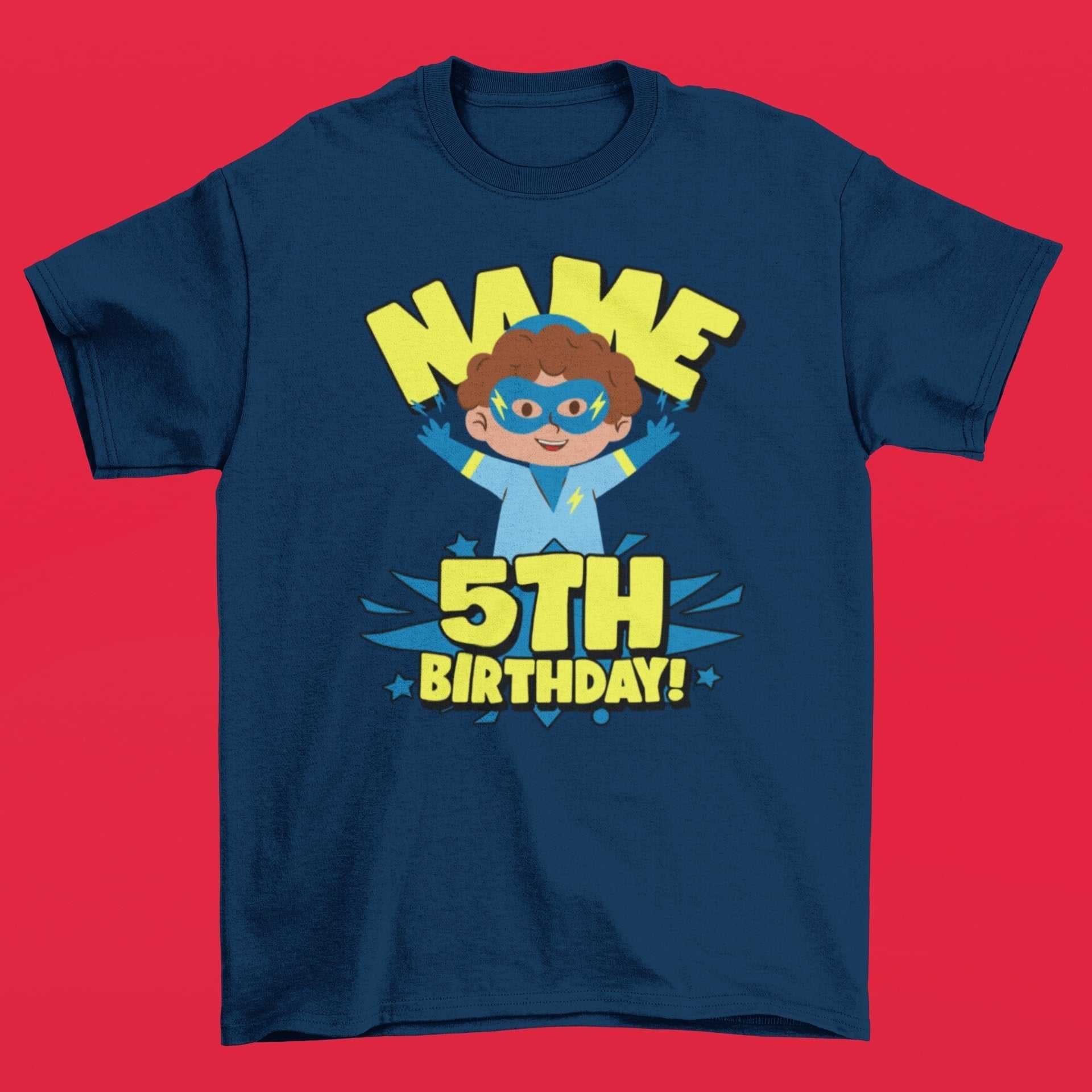 Kids Personalised Superhero 5th BirthdayKids Personalised Superhero 5th Birthday T-shirt with Childs Name On G