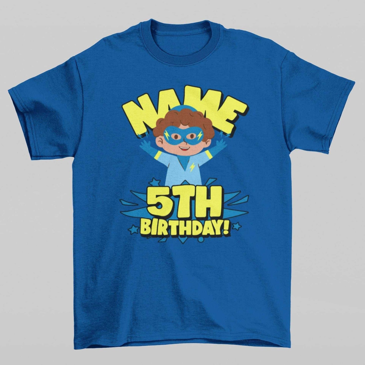 Kids Personalised Superhero 5th BirthdayKids Personalised Superhero 5th Birthday T-shirt with Childs Name On G