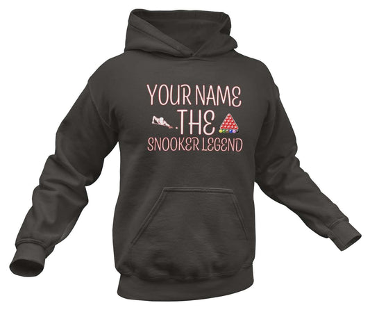 Customizable black hoodie with "Your Name The Snooker Legend" printed on the front.
