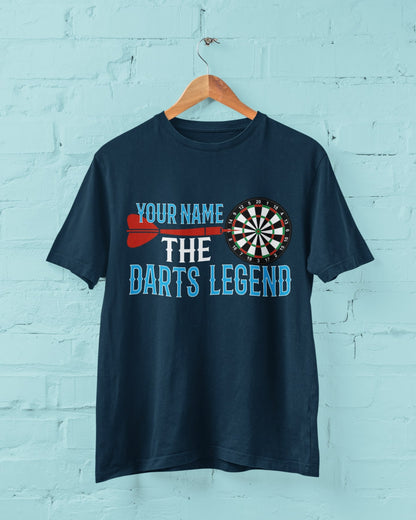 Darts Legend T-shirt with custom name design shown in a wall hanging mockup