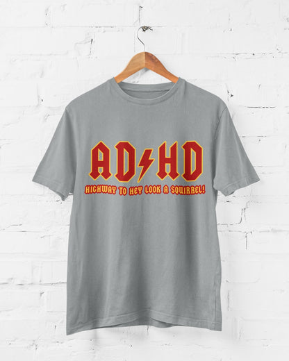 Wall-hung T-shirt mockup featuring the ADHD squirrel road sign slogan