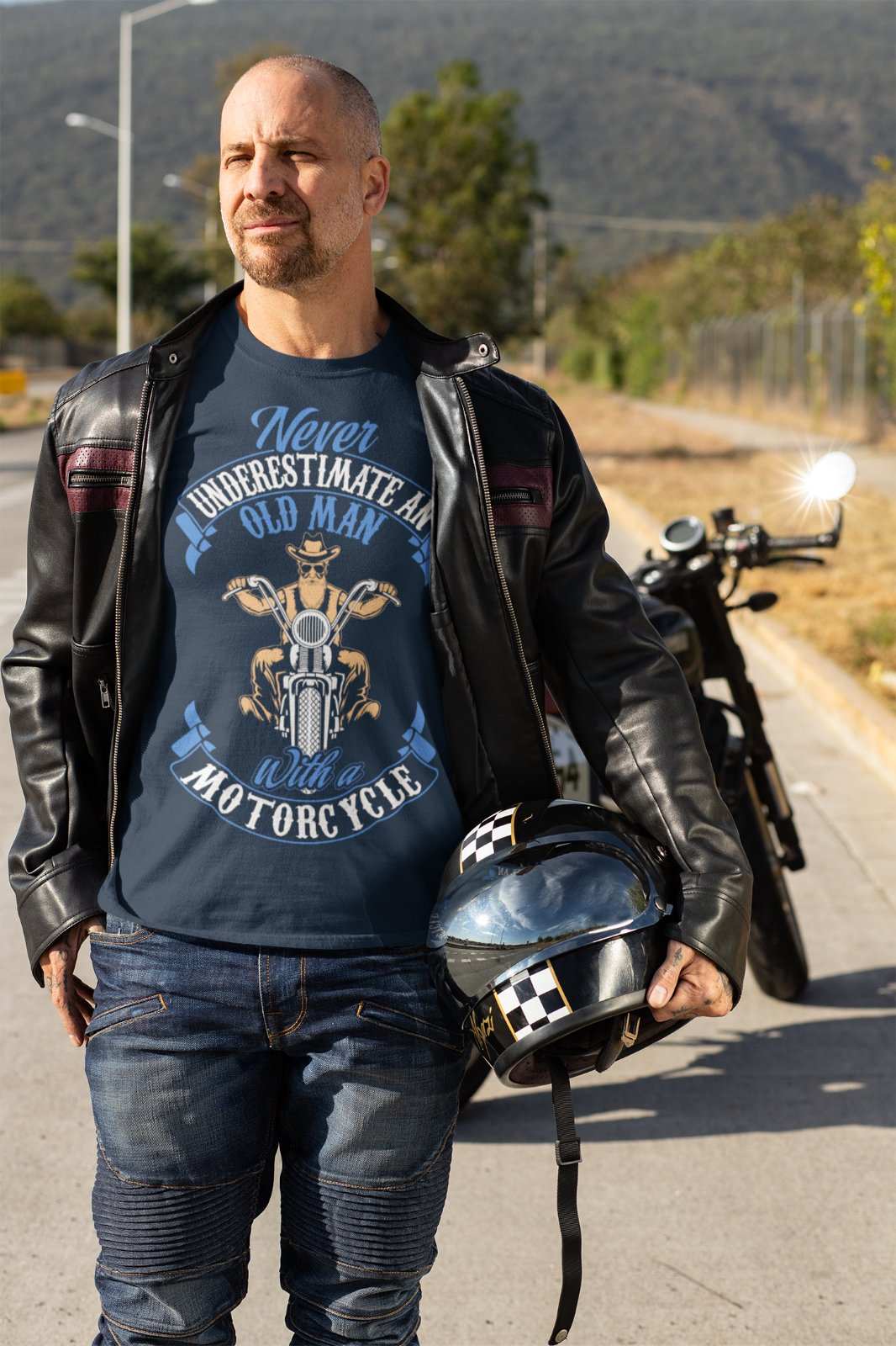 Never Underestimate An Old Guy On a Motorcycle Biker T-Shirt Dad Funny Gift T-Shirt