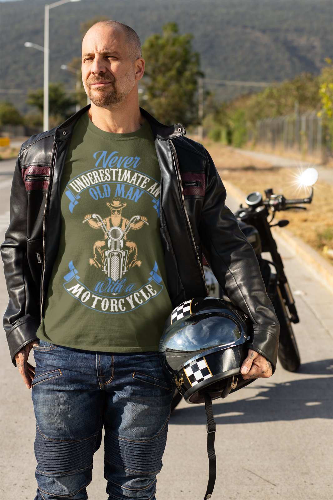 Never Underestimate An Old Guy On a Motorcycle Biker T-Shirt Dad Funny Gift T-Shirt
